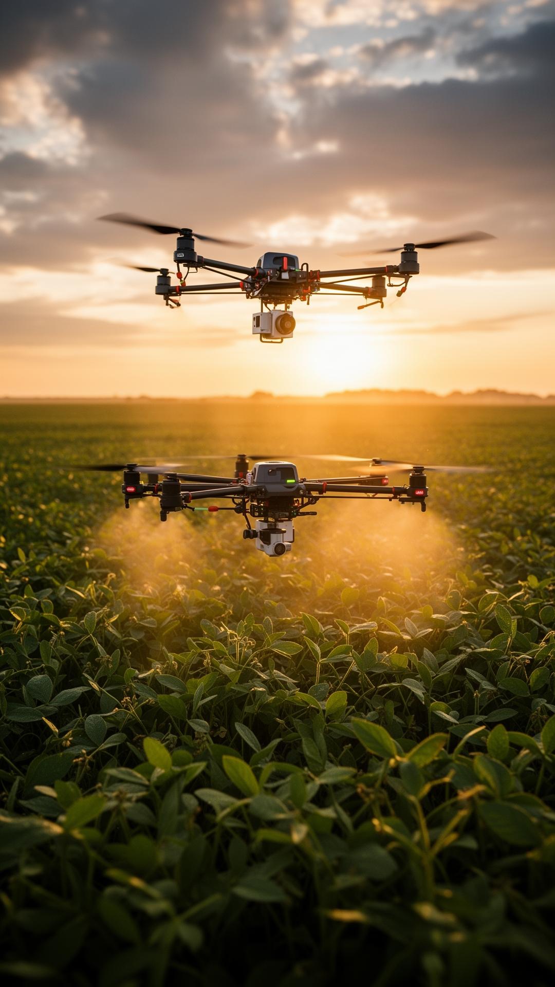 Drone agrícola pulverizando lavoura ao pôr do sol